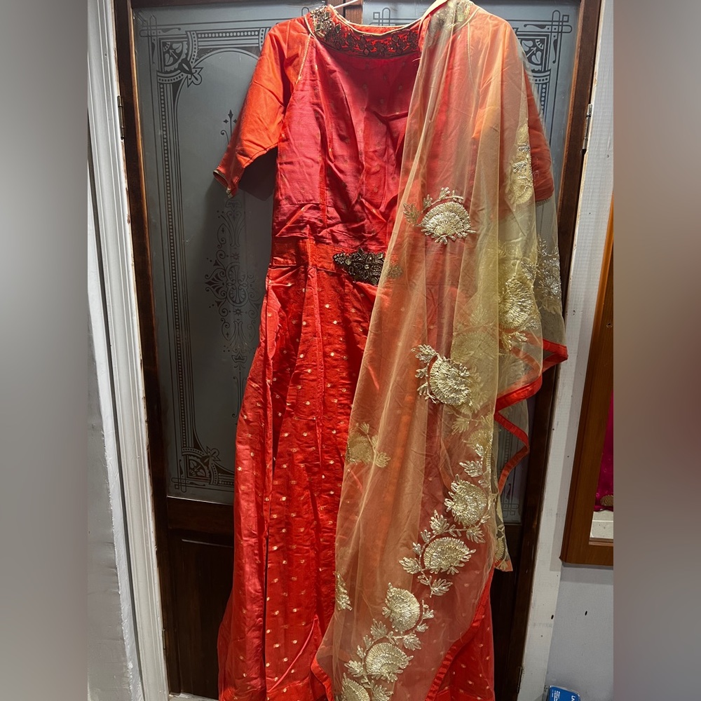 Long Indian Gown Dress Suit, Coral with hand-sewn beads and dupatta scarf